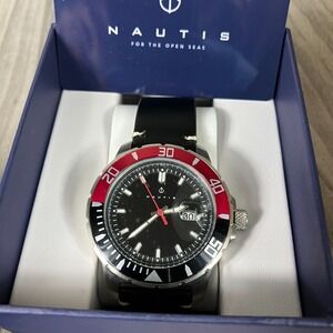 Nautis Dive Pro 200 Leather-Band Watch w/Date - Black & Red NEW